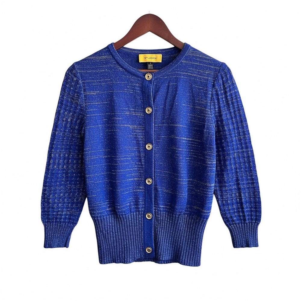 St. John Collection Royal Blue Metallic Knit Button-Front Cardigan - Size P